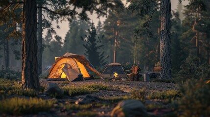 a camping atmosphere, a flickering fire, people gathered around or camp chairs and equipment scattered throughout the area. These elements not only add authenticity to the scene.