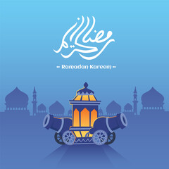Ramadan islamic greeting card decorative editable vector background with cannon gun, lantern, silhouette of mosque, arabic calligraphy text translation: "Ramadan Kareem means Generous Ramadan".