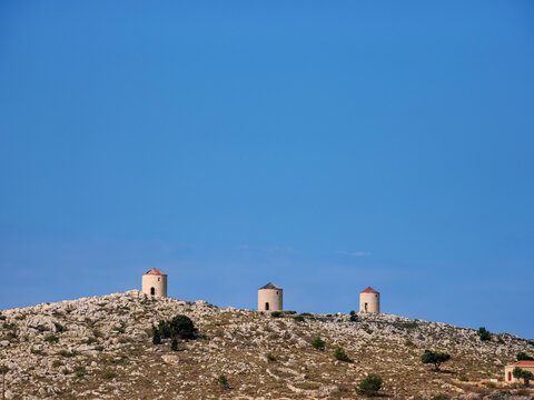 Windmills at Chalki Village, Emporio, Halki Island, Dodecanese