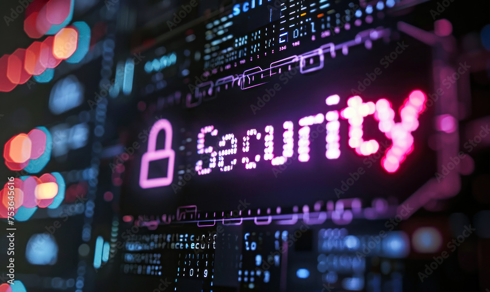 Poster close-up of a computer screen displaying a pixelated security icon and cursor, emphasizing the impor