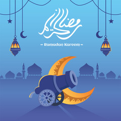 Ramadan islamic greeting card decorative editable vector background with crescent, cannon, lantern, silhouette of mosque, arabic calligraphy text translation: "Ramadan Kareem means Generous Ramadan"