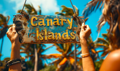 Hands holding a rustic Canary Islands sign against a backdrop of vibrant palm trees, capturing the essence of a tropical paradise destination