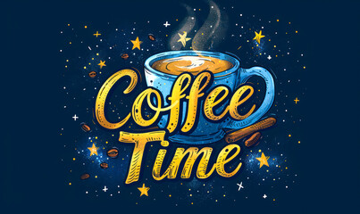 Obraz na płótnie Canvas Illustrative design of a steaming cup of coffee with the words Coffee Time against a starry night background, invoking a cozy and energizing break