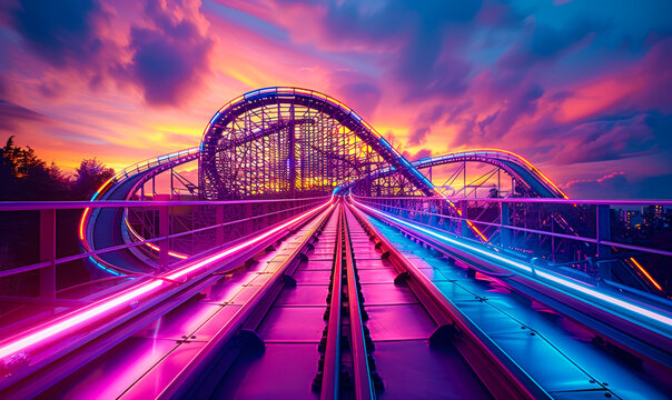 Dynamic roller coaster tracks glowing with neon lights under a vibrant sunset sky, symbolizing excitement, speed, and thrilling amusement park adventures