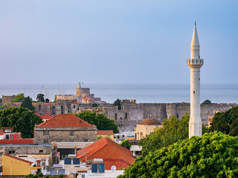 View over Ibrahim Pasha Mosque Minaret and Medieval Old Town towards Saint Nicholas Fortress, Rhodes City, Rhodes Island, Dodecanese