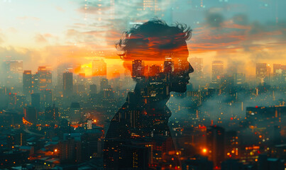 Silhouette of a contemplative businessman overlaid on a cityscape at twilight, symbolizing strategic thinking and the complexities of urban business life - obrazy, fototapety, plakaty