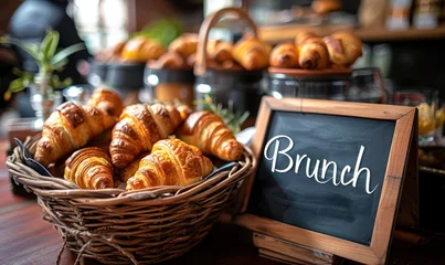 Foto op Plexiglas Freshly baked croissants in a wicker basket with a Brunch signboard in a cozy cafe atmosphere, inviting for a weekend gourmet experience © Bartek