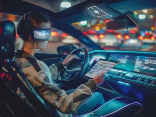 Futuristic concept of a woman using augmented reality (AR) glasses and a digital tablet to interact with a car dashboard at night.