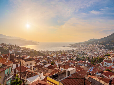 Ano Vathy at sunset, elevated view, Samos Town, Samos Island, North Aegean