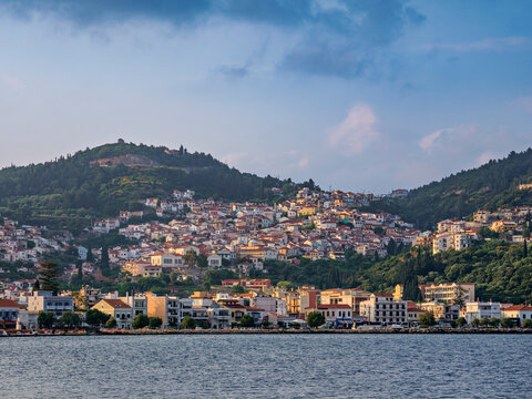 Ano Vathy and Samos Town waterfront at sunrise, Samos Island, North Aegean