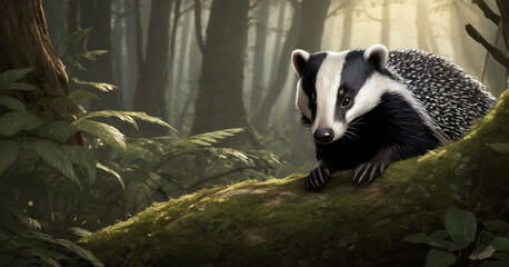 A badger in a natural forest setting. The badger has distinctive black and white fur and is walking on a path covered with dried leaves. Sunlight filters through the dense trees. - obrazy, fototapety, plakaty