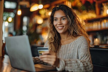 Fototapeta premium A joyful young woman holds a credit card while using a laptop in a warmly lit cafe