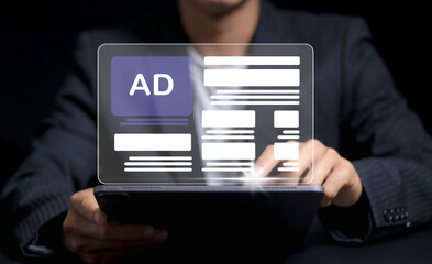 Online programmatic advertising in feed on computer screen. Optimize advertisement target optimize click through rate and conversion. Ads dashboard digital marketing strategy analysis for branding ..