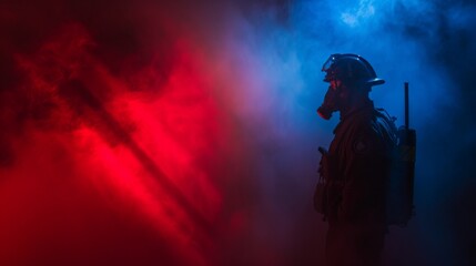 Rescue man in firefighter uniform and oxygen mask walk through orange signal smoke