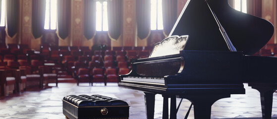 Grand piano in an elegant concert hall, awaiting the harmonies of a musical performance.