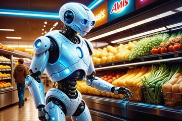 Robots choose to buy things in the supermarket. - obrazy, fototapety, plakaty