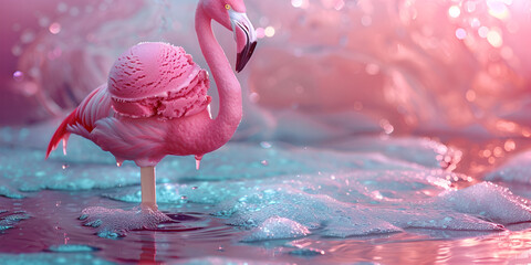 A flamingo made of ice cream with sunrise and snow background, scope ice cream