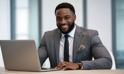 Fototapeta na wymiar Smiling black man,looking handsome in business suit, sits at table with laptop in office .Promotional materials for business seminars, workshops ,conferences to convey corporate and educational theme