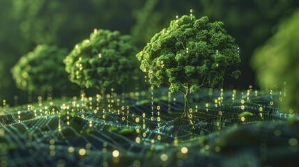 A digital graphic depicts binary code transforming into trees, showcasing tech and eco harmony.