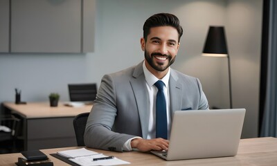 Obraz premium Latino smiling man working with laptop in office.Banner of a company's website,profile picture on LinkedIn,business-related blog or magazine.