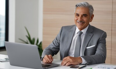 Fototapeta premium Latino senior smiling man working with laptop in office.Banner of a company's website,profile picture on LinkedIn,business-related blog or magazine.