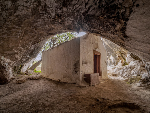 Chapel of Panagia Sarantaskaliotissa at the entrance to The Cave of Pythagoras, Mount Kerkis, Samos Island, North Aegean