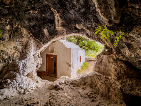 Chapel of Panagia Sarantaskaliotissa at the entrance to The Cave of Pythagoras, Mount Kerkis, Samos Island, North Aegean