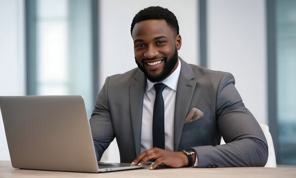 Smiling black man,looking handsome in business suit, sits at table with laptop in office .Promotional materials for business seminars, workshops ,conferences to convey corporate and educational theme