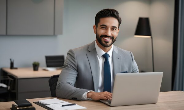 Latino smiling man working with laptop in office.Banner of a company's website,profile picture on LinkedIn,business-related blog or magazine.