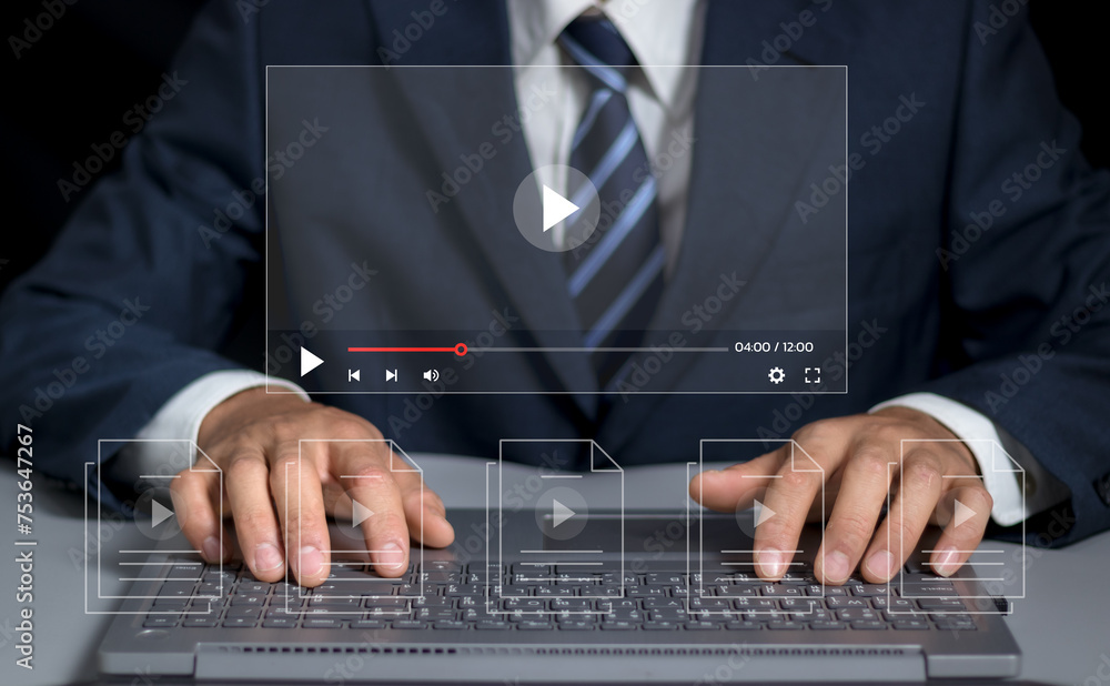 Poster man using pressing the play button to start online entertainment for an online video-on-demand strea