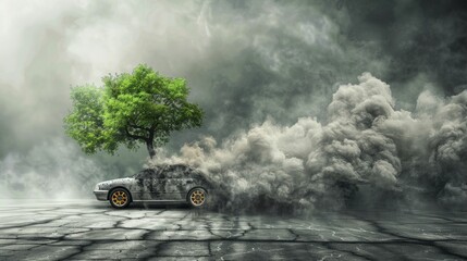 A digital illustration depicts a car's emissions as a tree growing from its exhaust, representing the carbon cycle. - obrazy, fototapety, plakaty