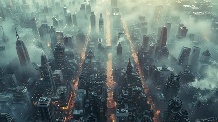 A digital graphic of a carbon footprint symbol superimposed over a bustling cityscape, visualizing urban emissions. - obrazy, fototapety, plakaty