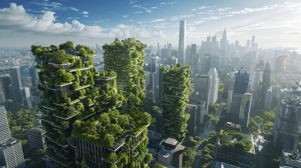 A city uses digital graphics to show green roofs, vertical gardens combating urban heat islands. - obrazy, fototapety, plakaty