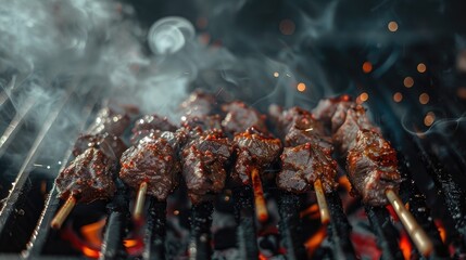 BBQ beef shashlik ingredients beautifully arranged on the grill. Multi-colored vegetables and...