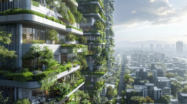 A digital graphic of a city implementing green roofs and vertical gardens to combat urban heat islands.