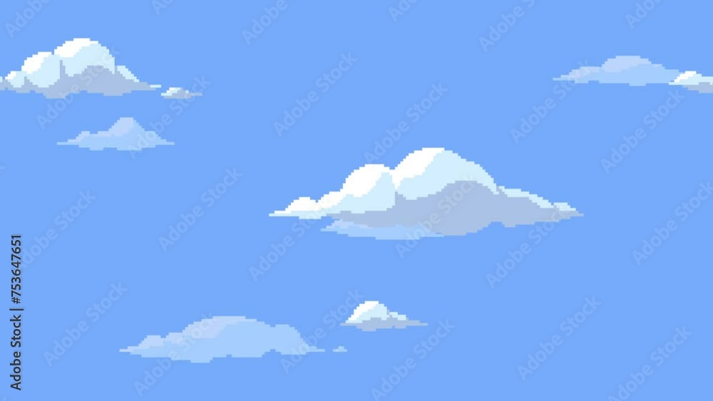 Poster pixel art clouds floating horizontally on blue sky background. seamless looping animation. animated 