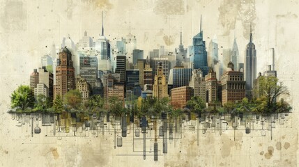 A digital graphic of a cityscape with layers of history showing the evolution of urban impact on the environment.