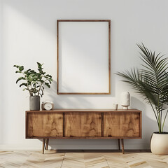 vertical frame mockup in modern interior with chest of drawers and plants. Empty frame over a wooden chest of drawers with beautiful decor. modern style, frame mockup