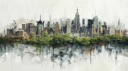 Fototapeta na wymiar Digital cityscape graphic illustrates urban evolution and environmental impact through historical layers.