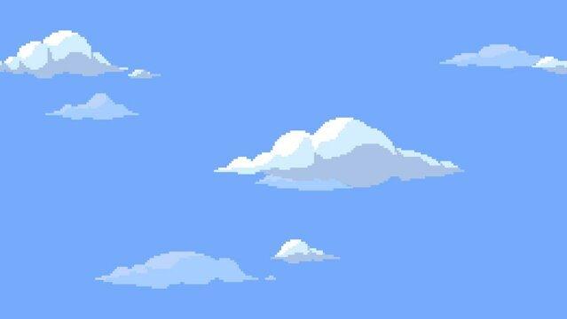 Pixel art clouds floating horizontally on blue sky background. Seamless looping animation. Animated cartoon cloudscape.