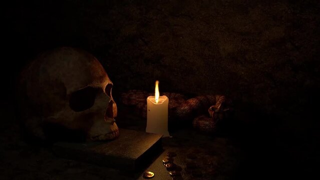 There is a skull and a candle on the table