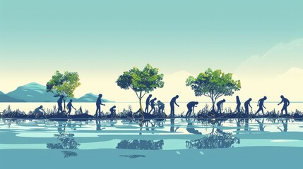 A community in a digital graphic planting mangrove trees to prevent coastal erosion and buffer against hurricanes.