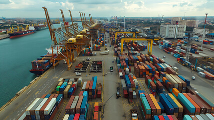 Fototapeta na wymiar A container terminal is a facility where intermodal cargo containers are transferred between different modes of transportation, such as ships, trains,