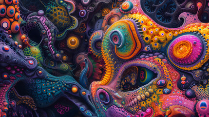 Saturated colorful mad abstract background, random different shapes and objects, hallucinations of ancient shaman after mushroom overdose. Neural network generated image. Not based on any actual scene