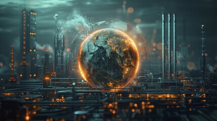 A glowing digital earth, encircled by industrial icons, depicts global warming concerns.