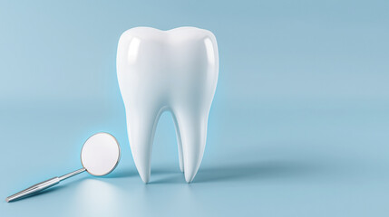 white healthy tooth and dental mirror on a light blue background with free space for text. Dental medical education