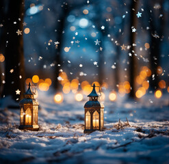Obraz premium Two lanterns in the snow at night