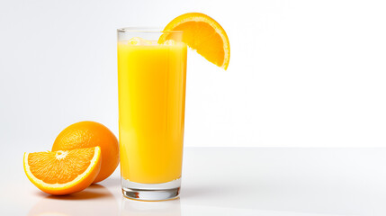 Glass of 100% Orange juice with sacs and sliced fruits isolate on white background.