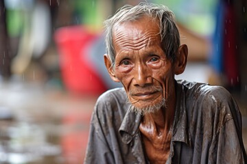 Fototapeta premium Macro portrait of elderly asian man captured with vibrant urban street scene in the background