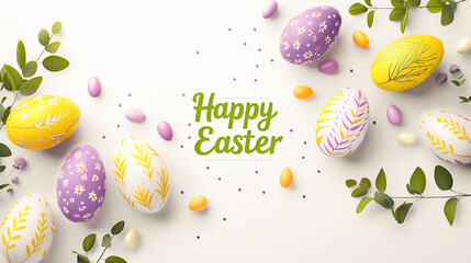 .Easter card with purple and yellow Easter eggs with various ornaments, butterflies, spring flowers on a light background with green text "Happy Easter" and copy space for text